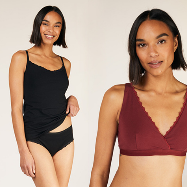 Two images of the same non-white feminine presenting model with short brown hair. One is of them modelling a black wireless bra top and one is of them wearing a maroon bralette, both from People Tree. They are smiling at the camera.
